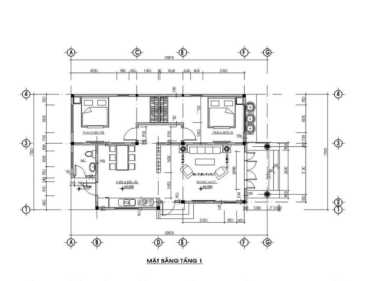 Bản vẽ nhà cấp 4 2 phòng ngủ 