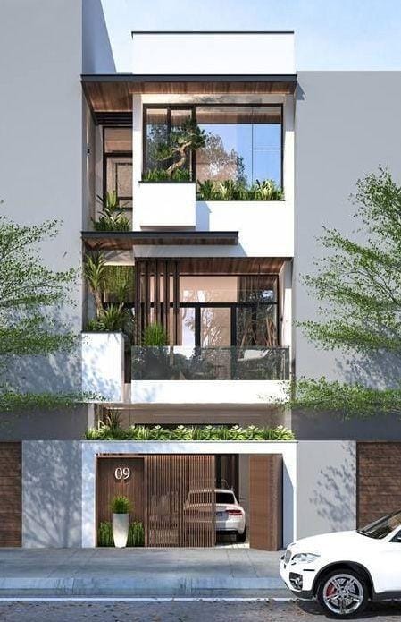 mẫu nhà ống 3 tầng mái bằng kêt hợp không gian xanh