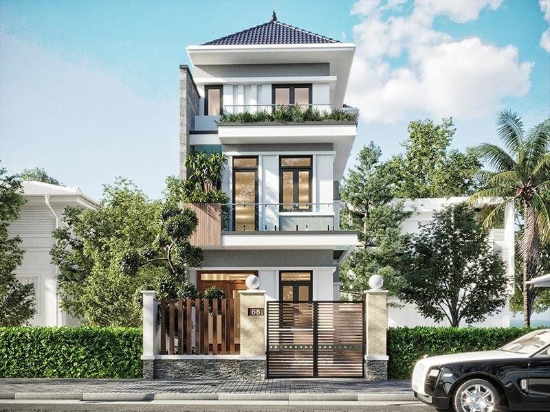 mẫu nhà ống 3 tầng mái Thái hiện đại