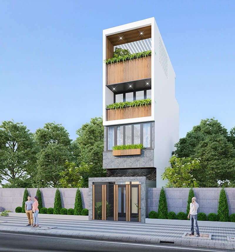Mẫu nhà phố 4 tầng mái bằng mặt tiền nổi bật với hệ thống cây xanh