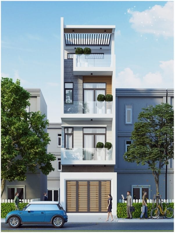 Mẫu nhà phố 4 tầng mái bằng tông trắng
