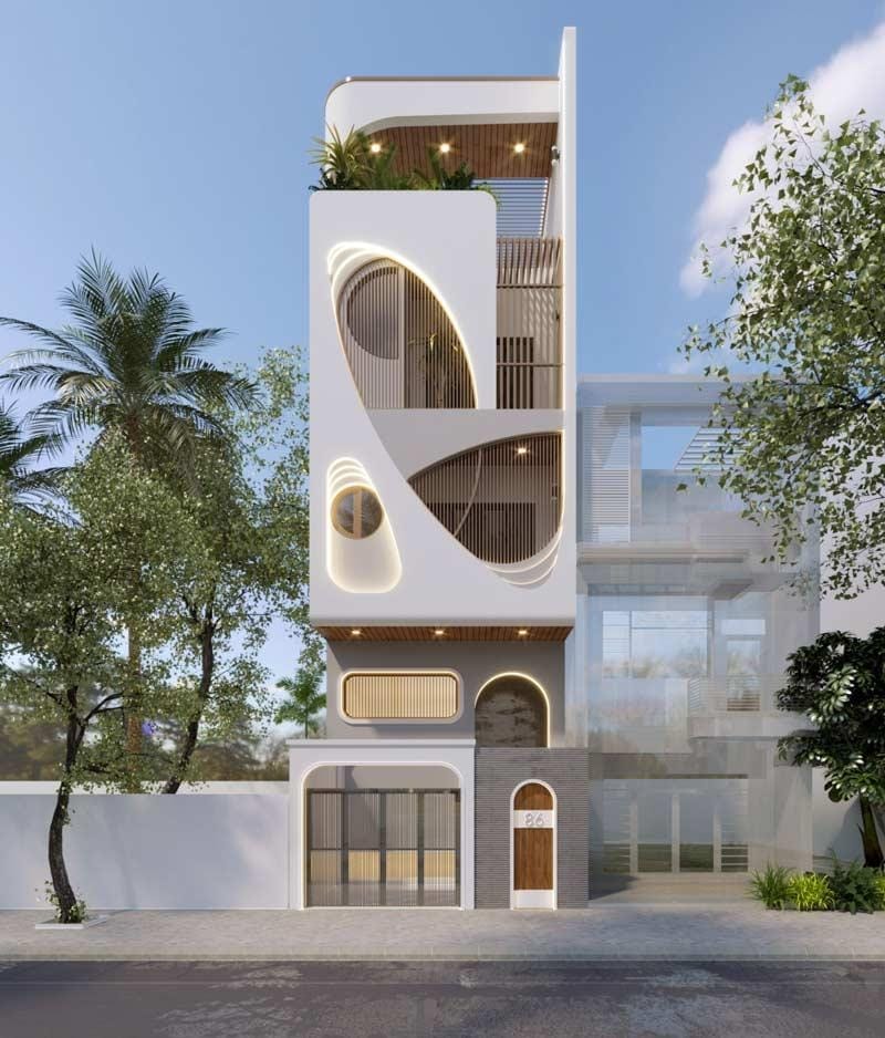 Nhà 4 tầng dạng ống sử dụng đường nét uốn cong lấy ý tưởng từ phong cách Santorini