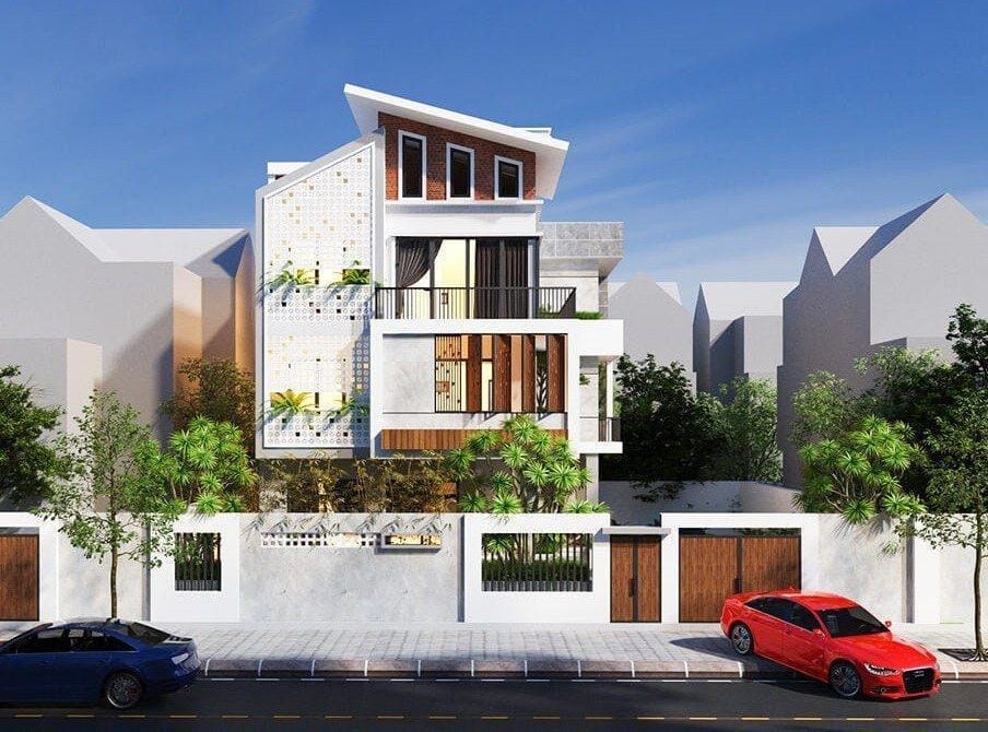 thiết kế nhà ống 3 tầng mái lệch đẹp cuốn hút